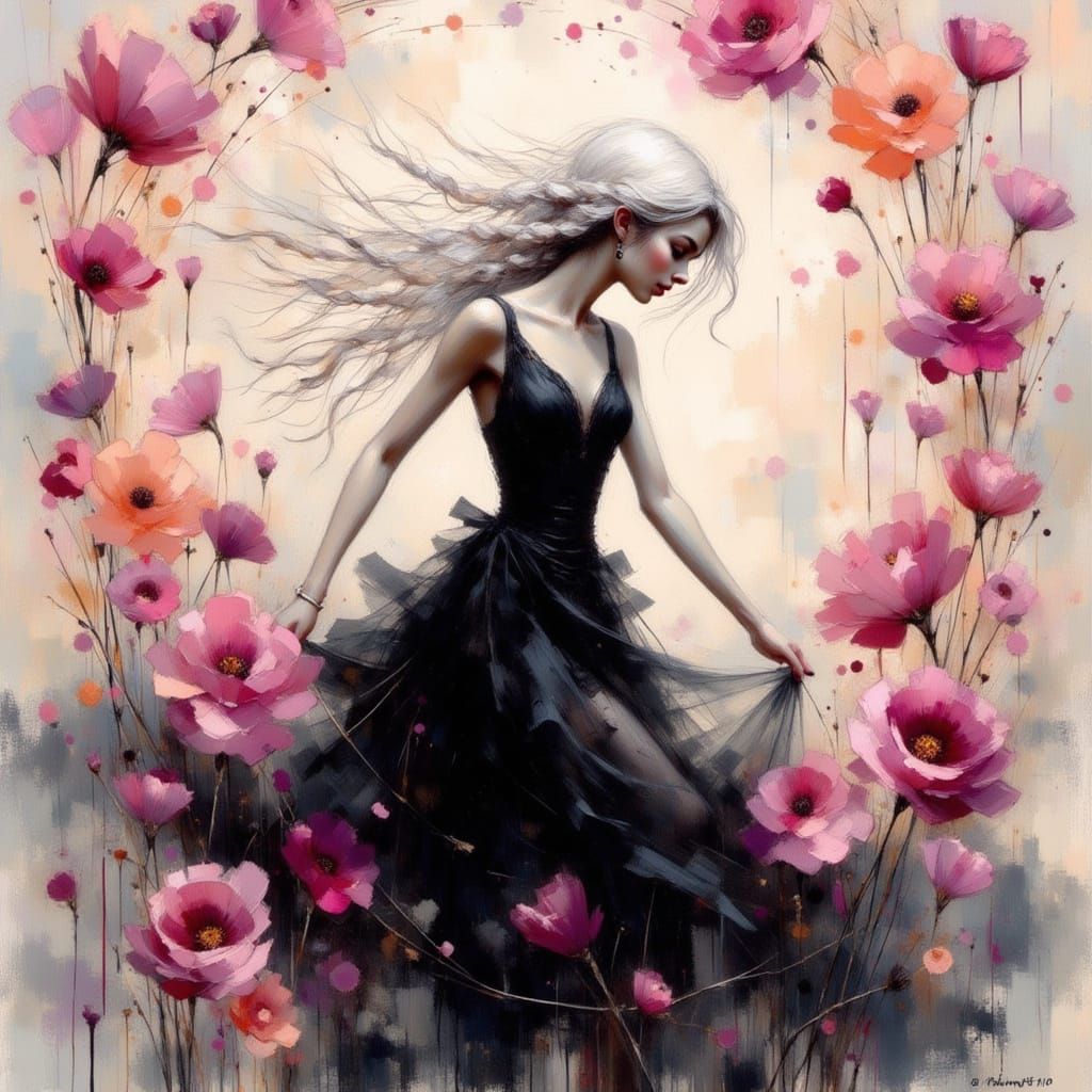 Woman Dancing in Dreamy Fuschia Floral Swirls