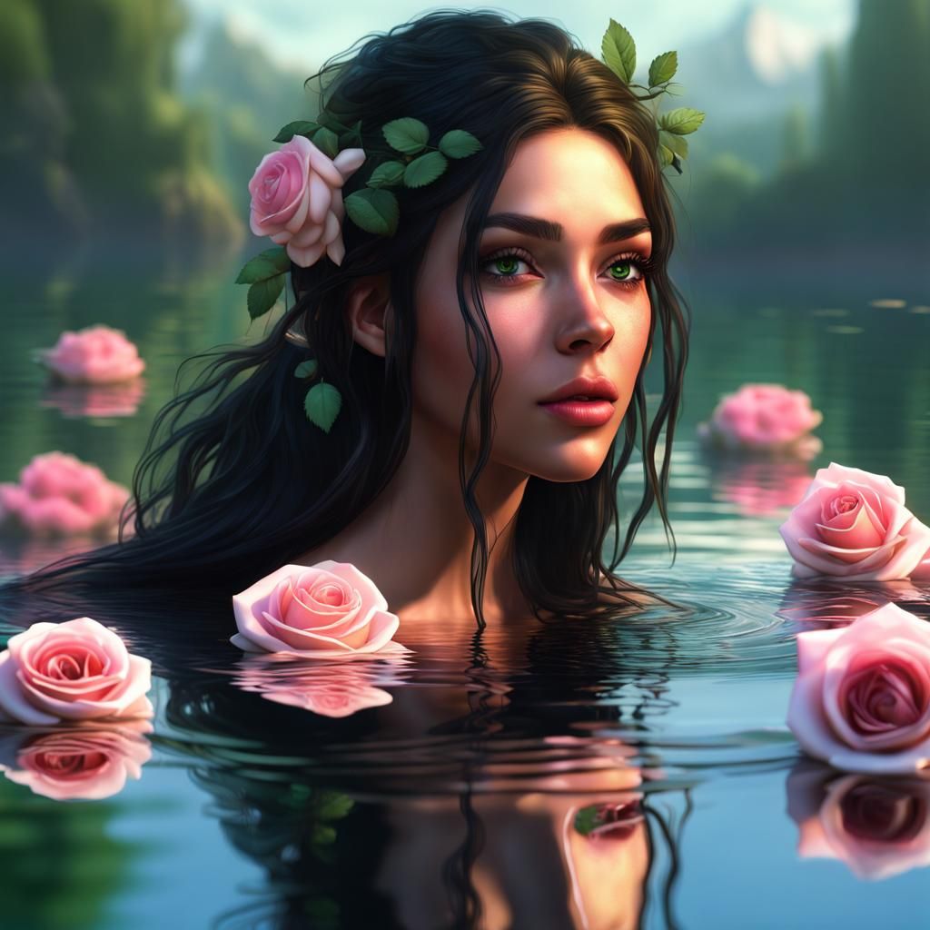 Girl Reflecting in Water with Roses, Fantasy Art