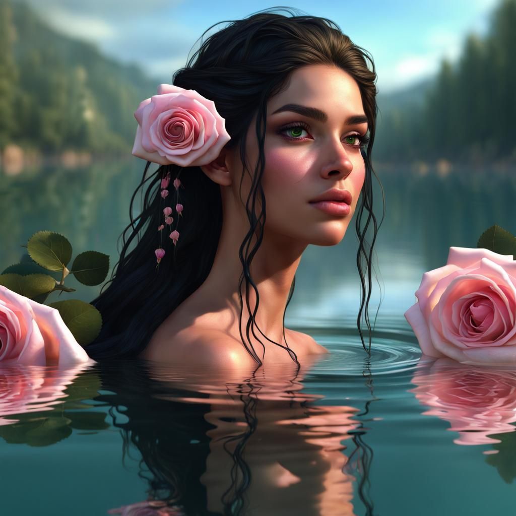 Girl Reflecting in Water with Roses, Digital Art