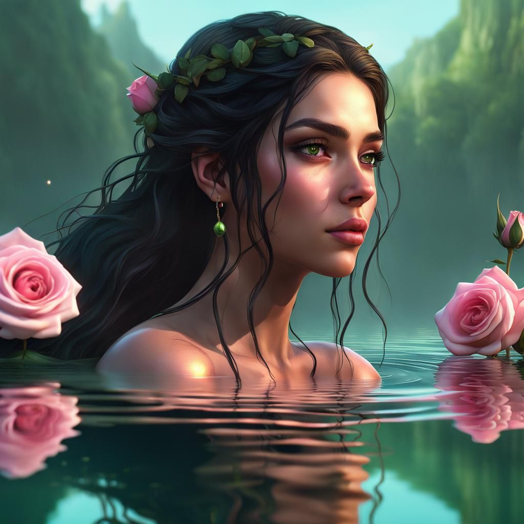 Girl Reflecting on Water with Roses, Fantasy Art