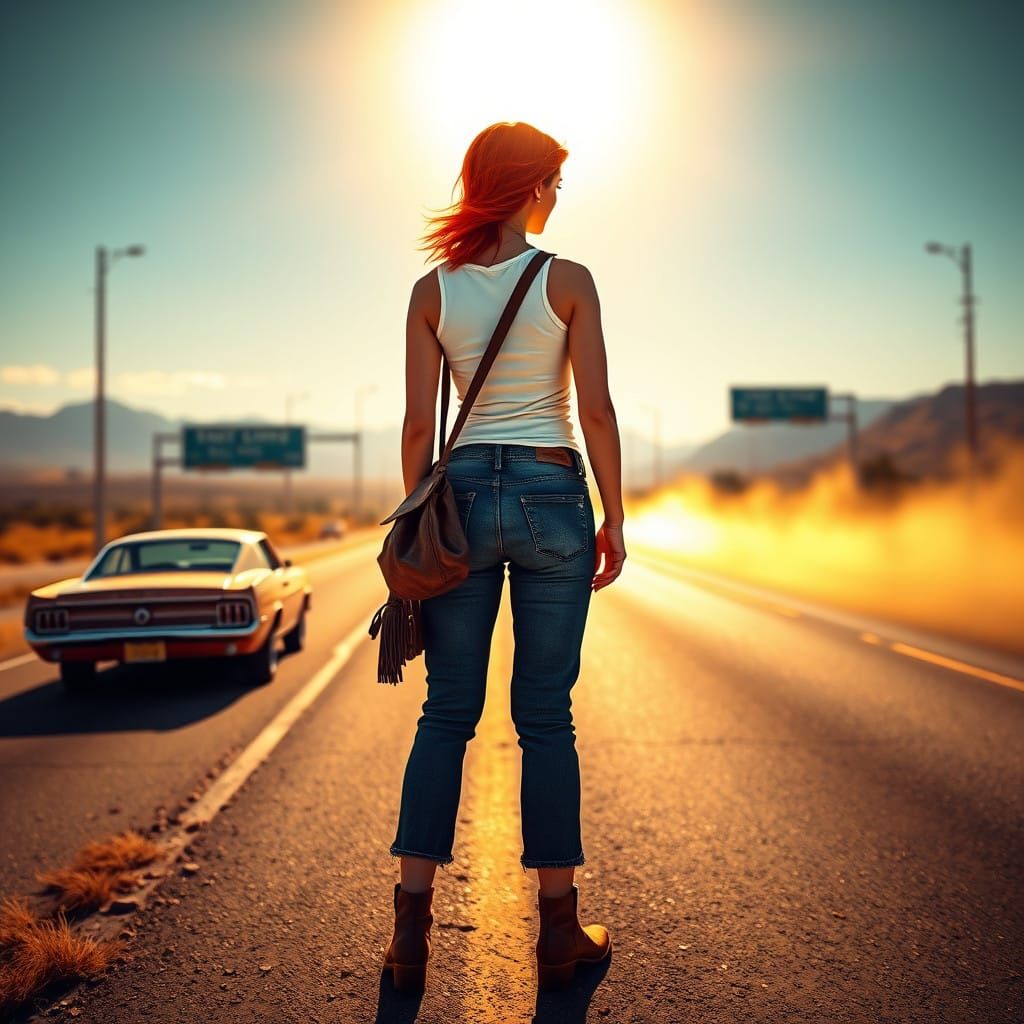 Vibrant Redhead on the Open Road