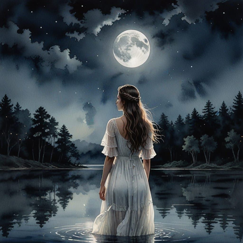 Serene Moonlit Lake Scene in Dreamy Watercolor Style
