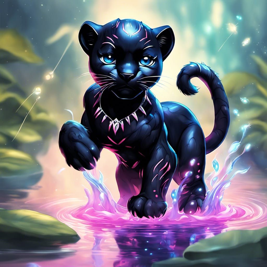 Cute Chibi Black Panther with Fireflies