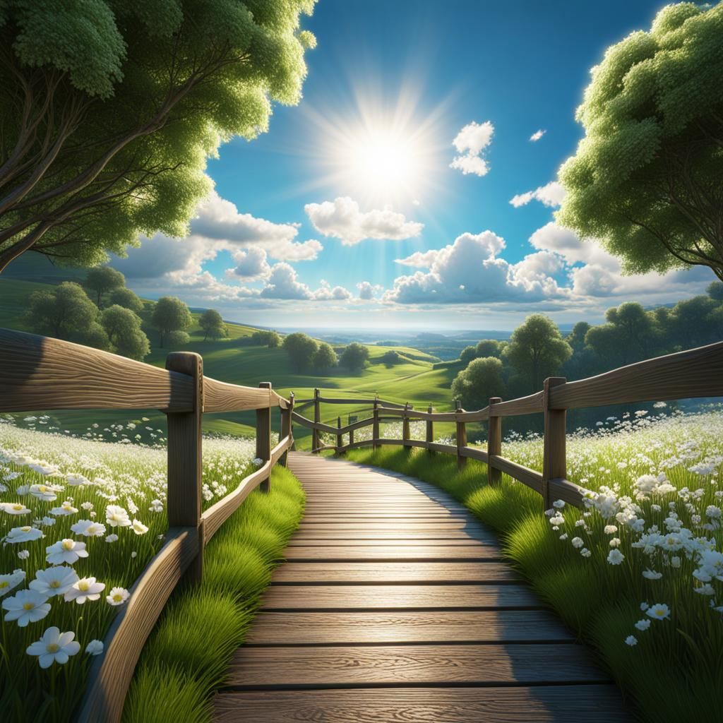 Picturesque Wooden Bridge Ascends to Sunlit Sky
