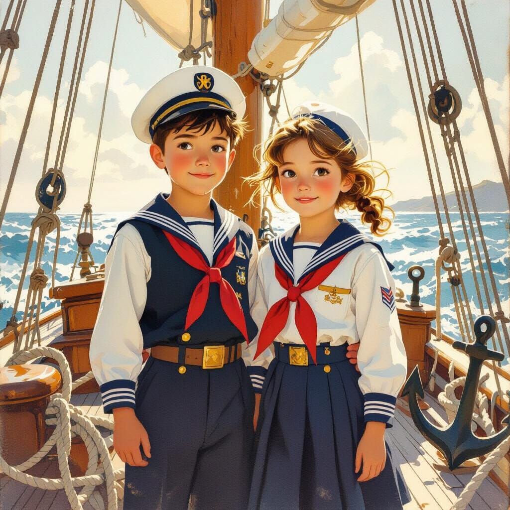 Children Sailors on Vintage Sailboat in Watercolor Style