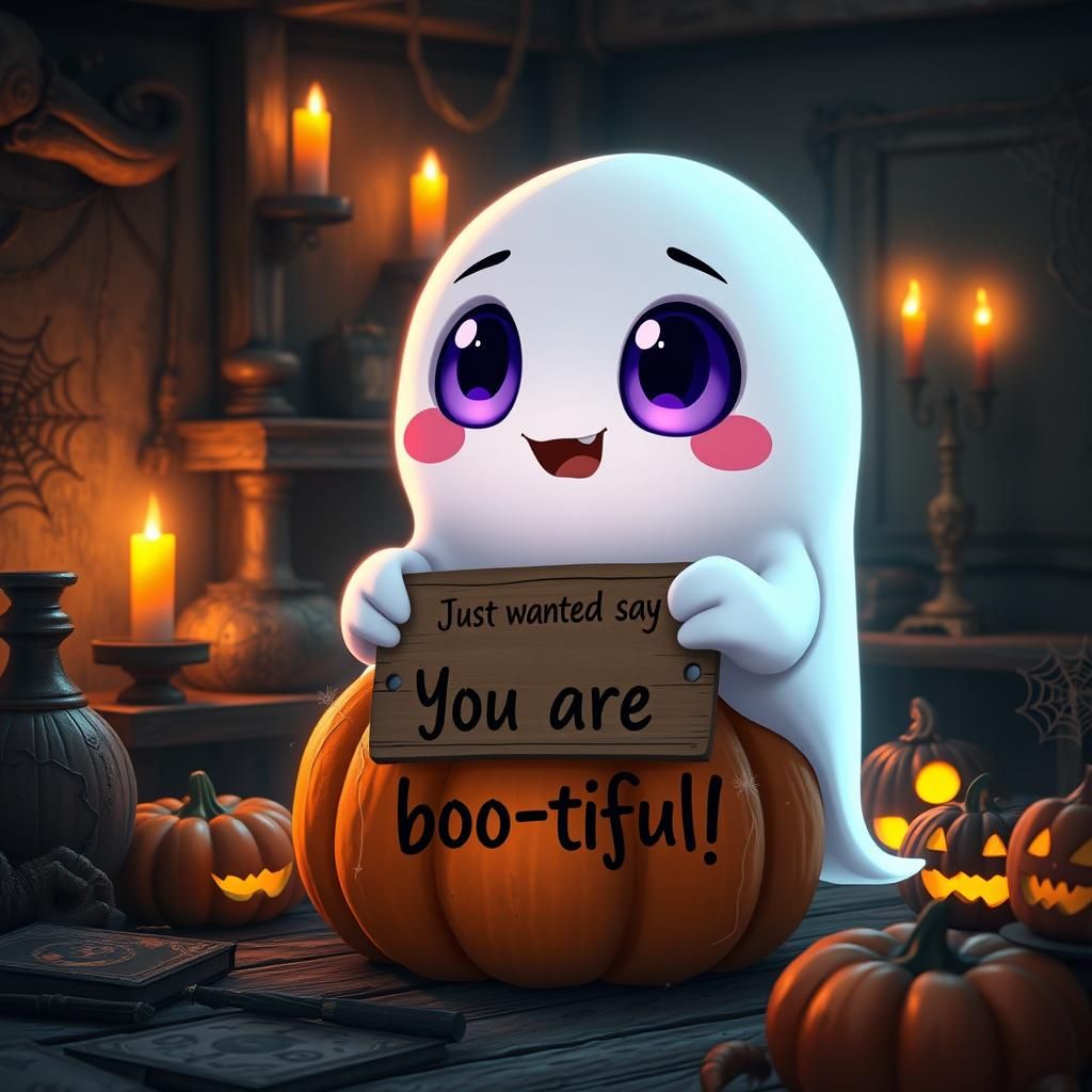 Chibi Ghost on Pumpkin in Eerie Halloween Scene