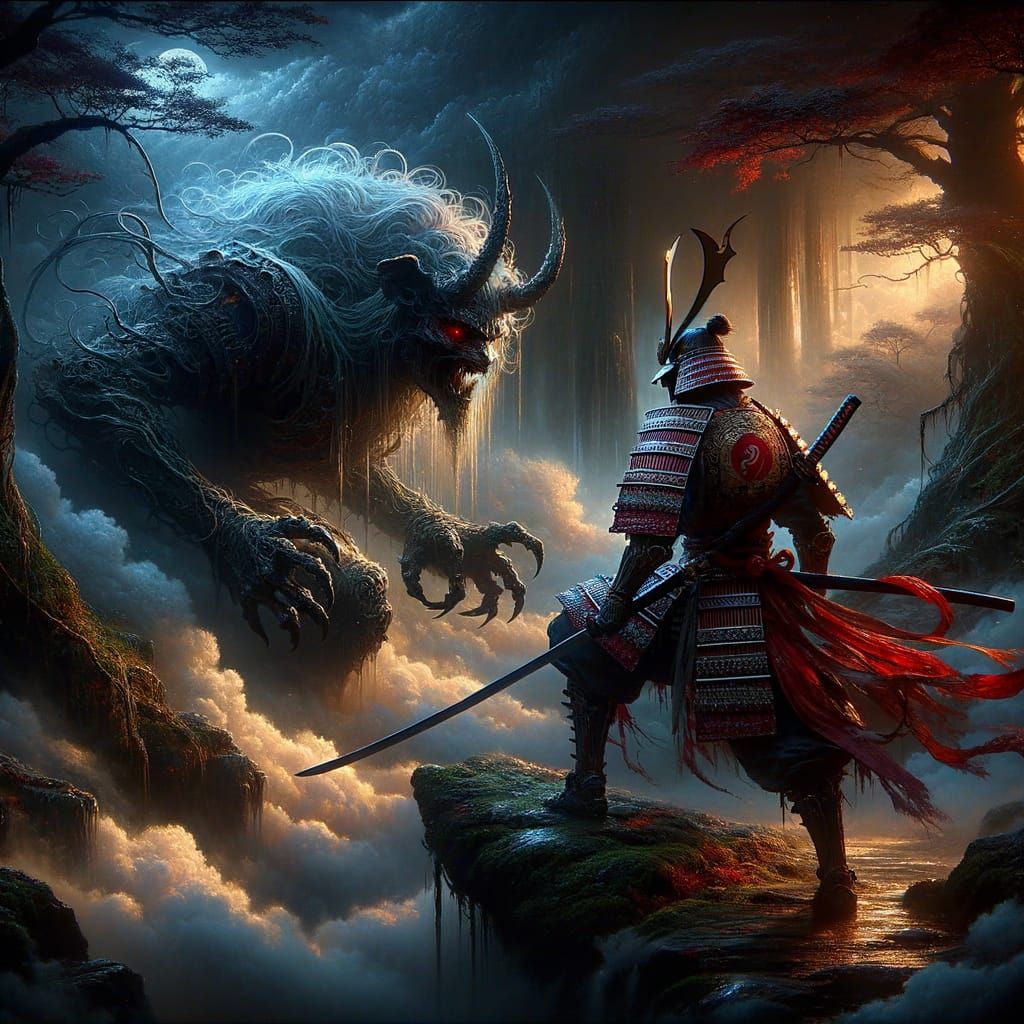 Dark Fantasy Samurai Confronts Oni in Crimson Armor