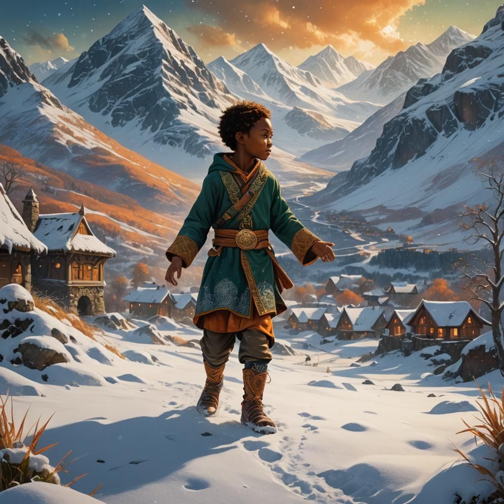 African Child in Snowy Celtic Fantasy Landscape