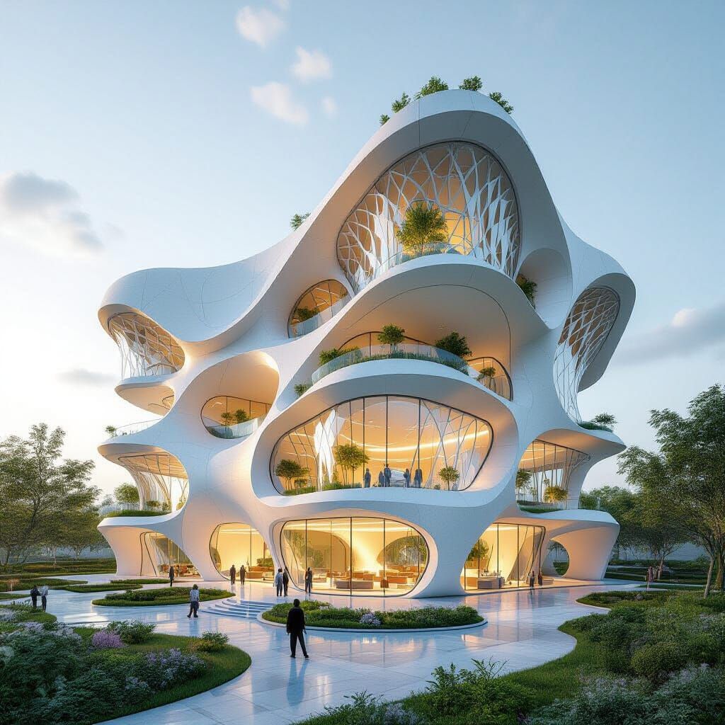 Futuristic Biophilic Building with Fractal Patterns