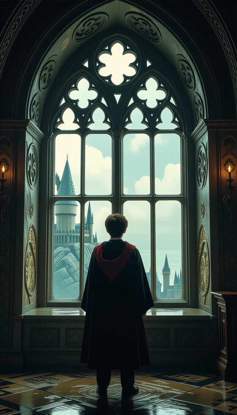 Harry Potter at Mystical Window, Hyperrealistic Oil Painting