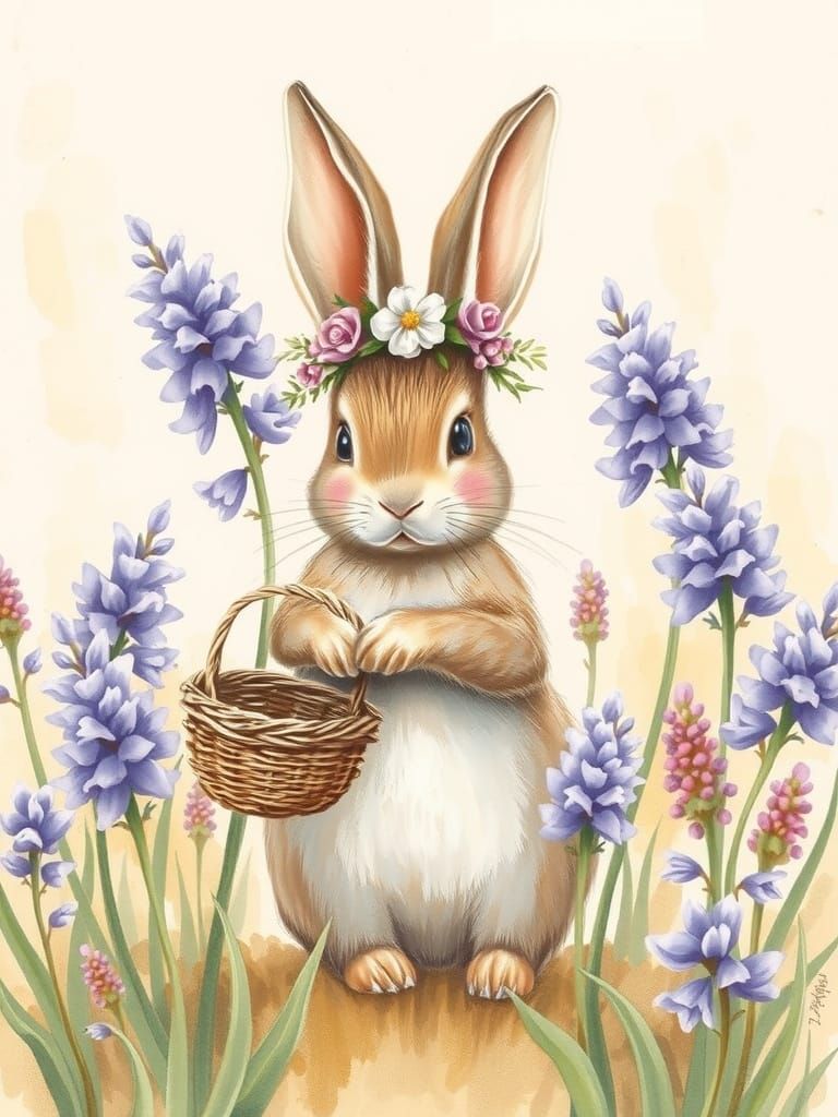 Vintage Easter Bunny Amidst Lilac Blooms in Watercolor