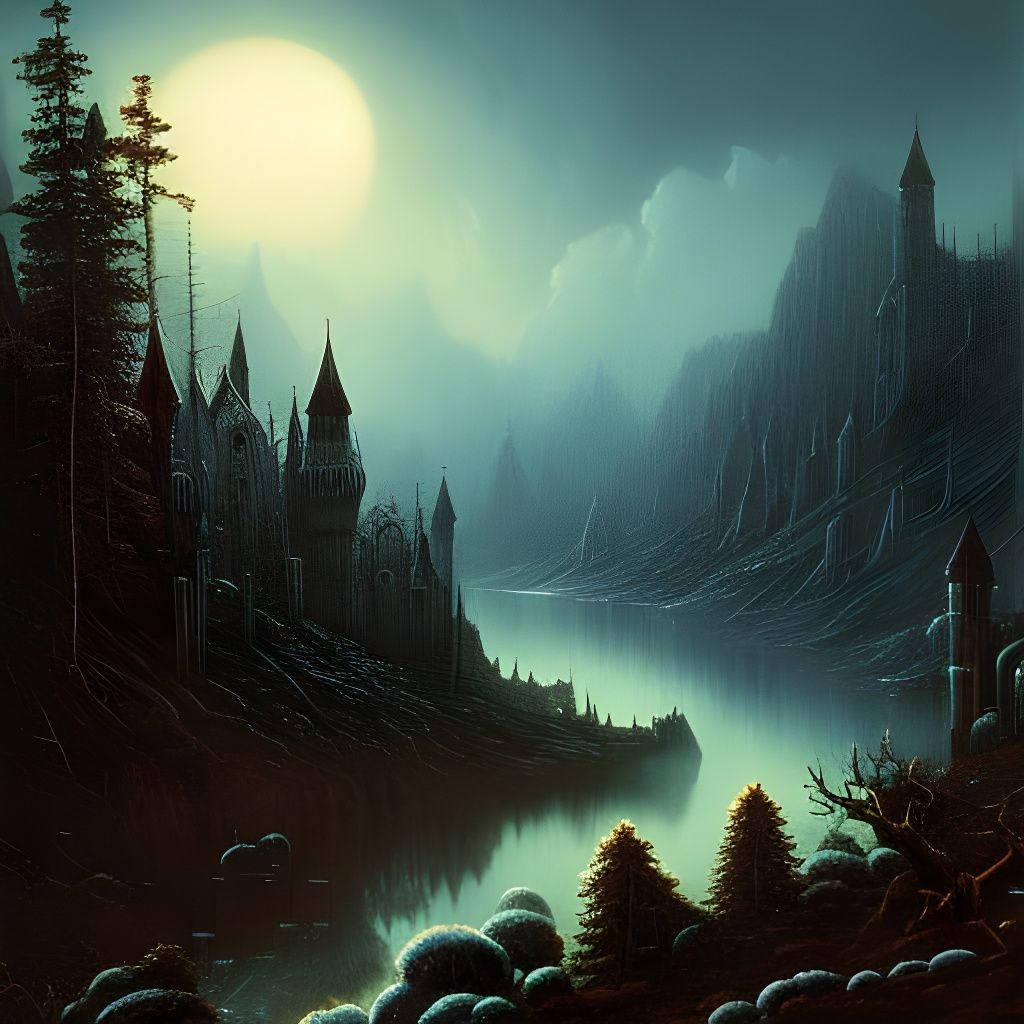 Eerie Dark Fantasy Landscape with Spirits, Ink Art