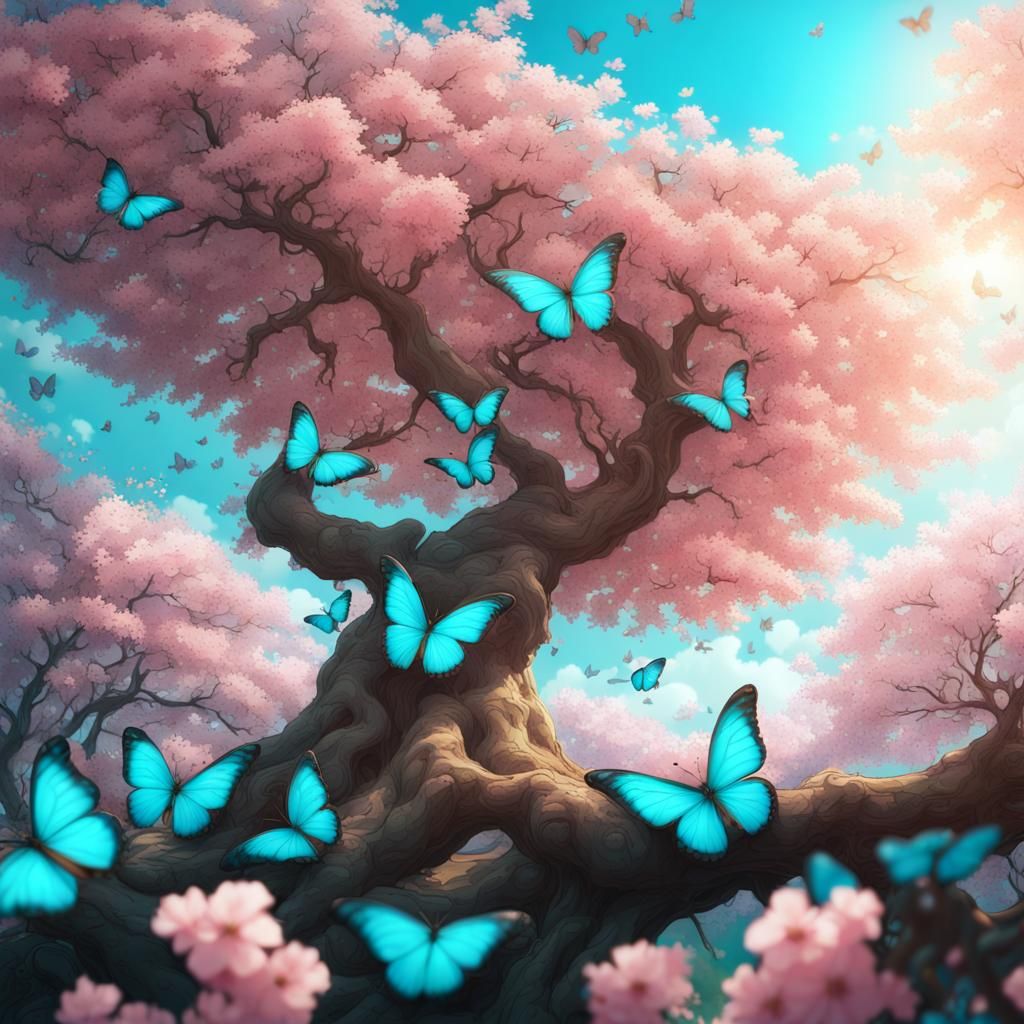 Cherry Blossom Tree with Turquoise Butterflies: Anime Concep...