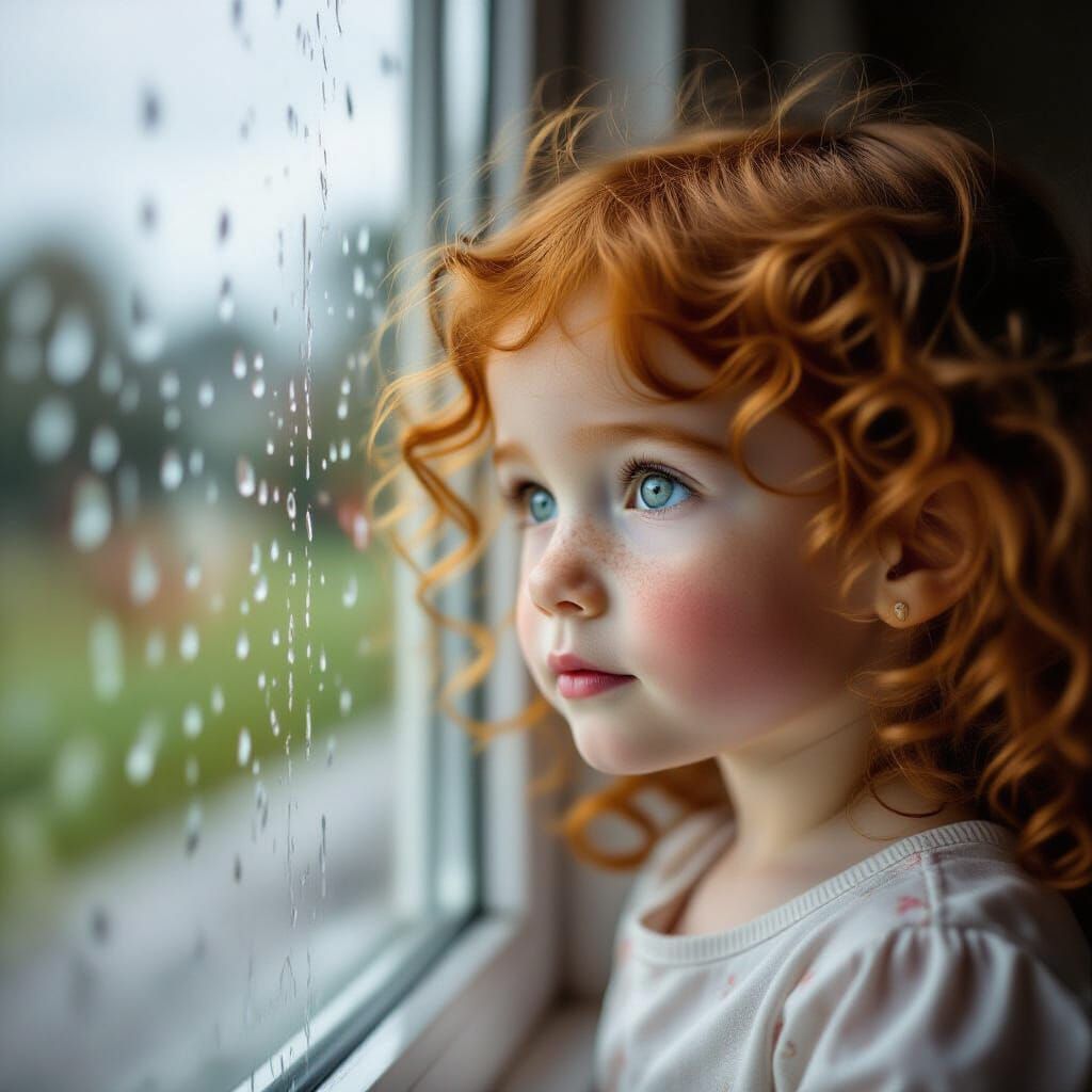 Girl Gazes at Rainy Day Through Window