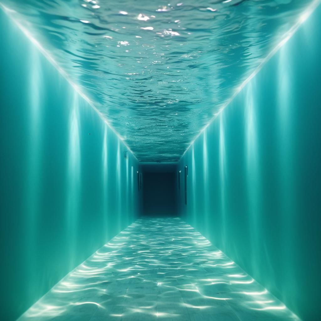 Photorealistic Underwater Hallway in Turquoise and Light