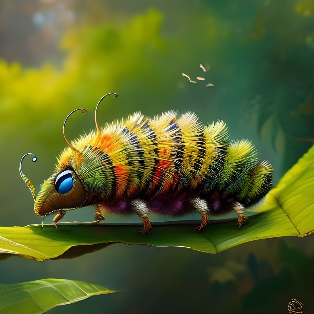 Cute Caterpillar on Leaf: Cartoon Digital Art