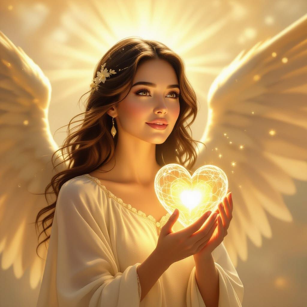 Angelic Woman Holding Light Heart in Golden Glow