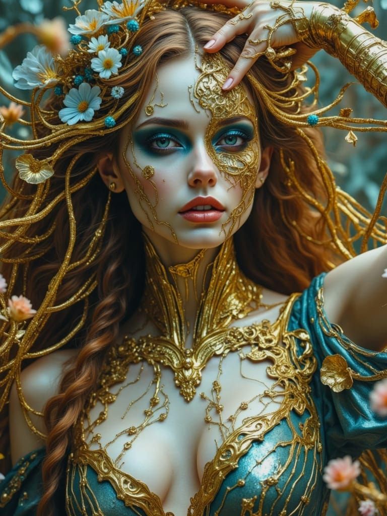 Biopunk Beauty with Steampunk Cracks and Floral Gold