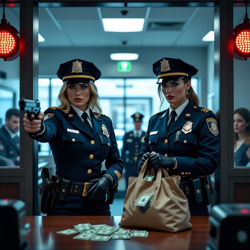 Women Rob Bank in Police Uniforms: Cinematic Scene