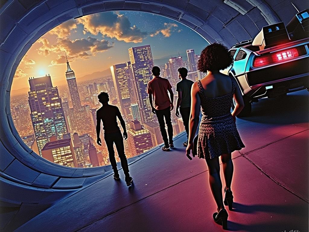 Futuristic Cityscape with Flying DeLoreans in Neon Lights