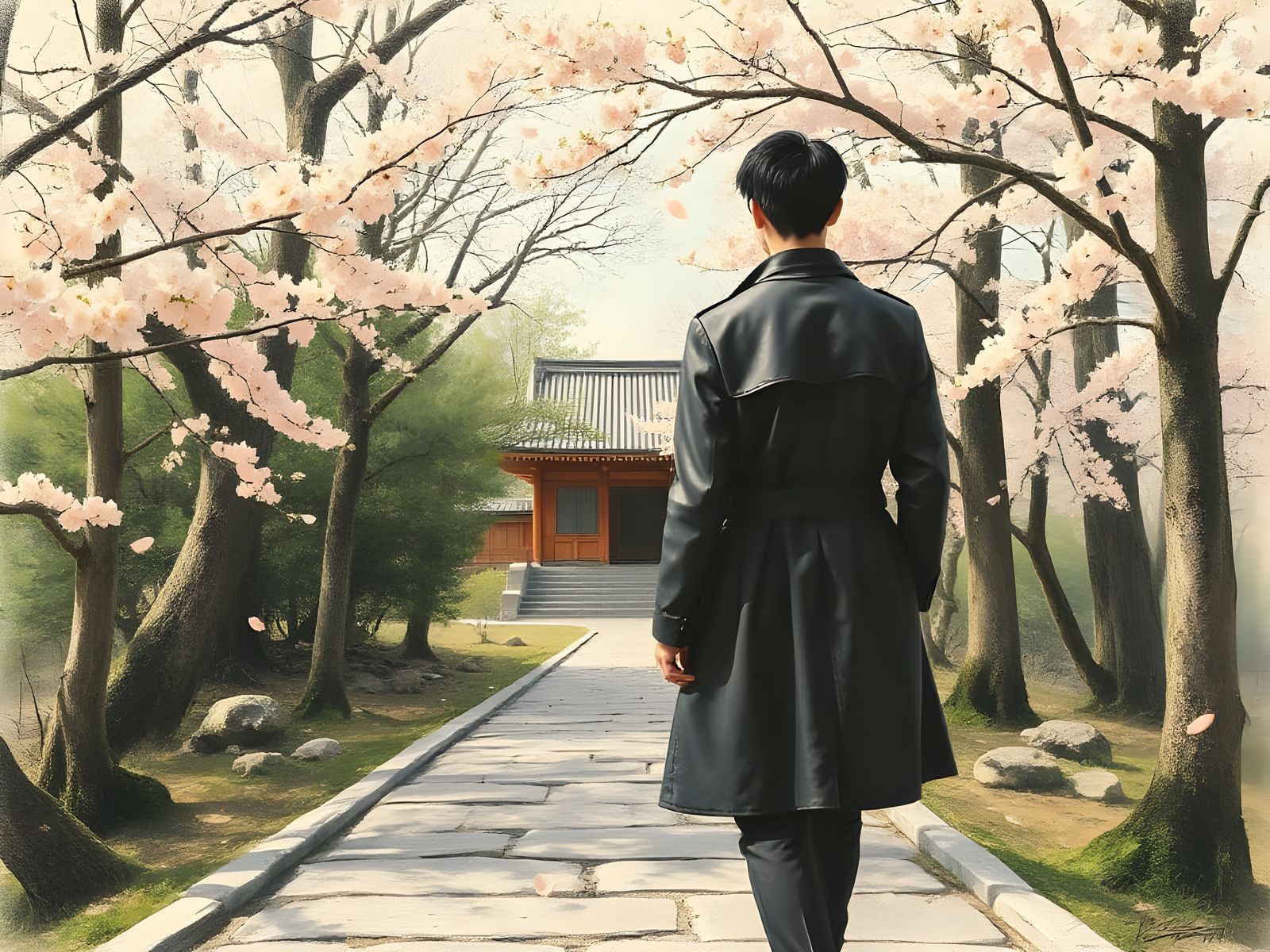 Spring Sakura Path to Japanese Temple in Pastel