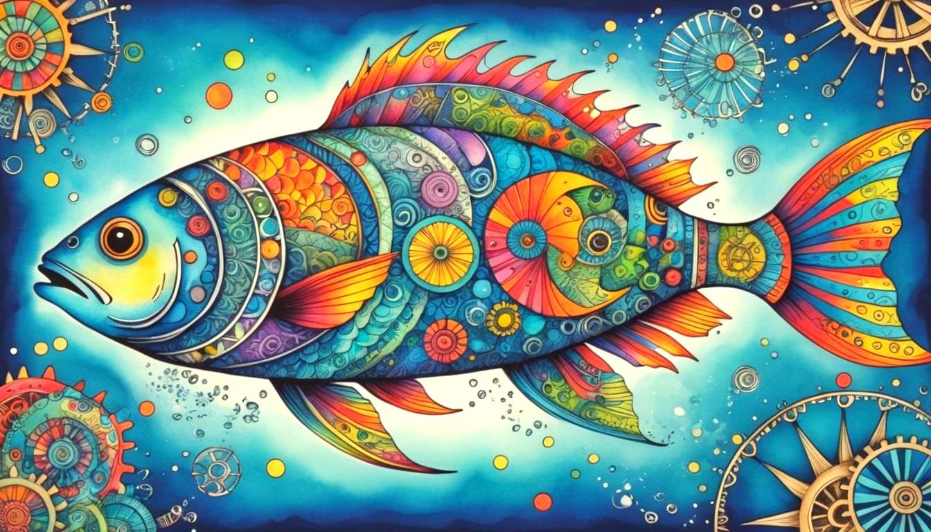 Vivid Zentangle Fish Swimming Through Time