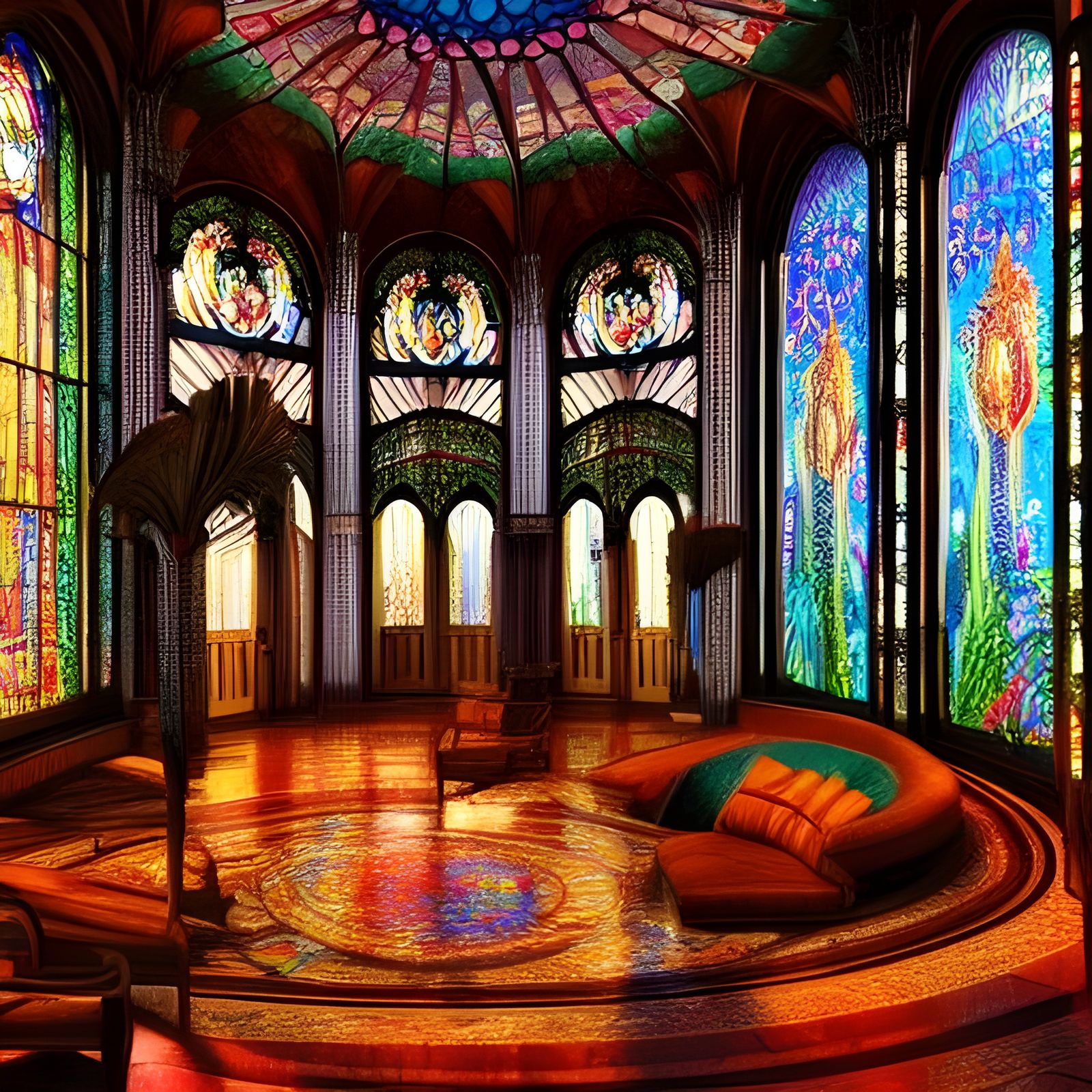 Stained-Glass House Interior at Sunset: Digital Art
