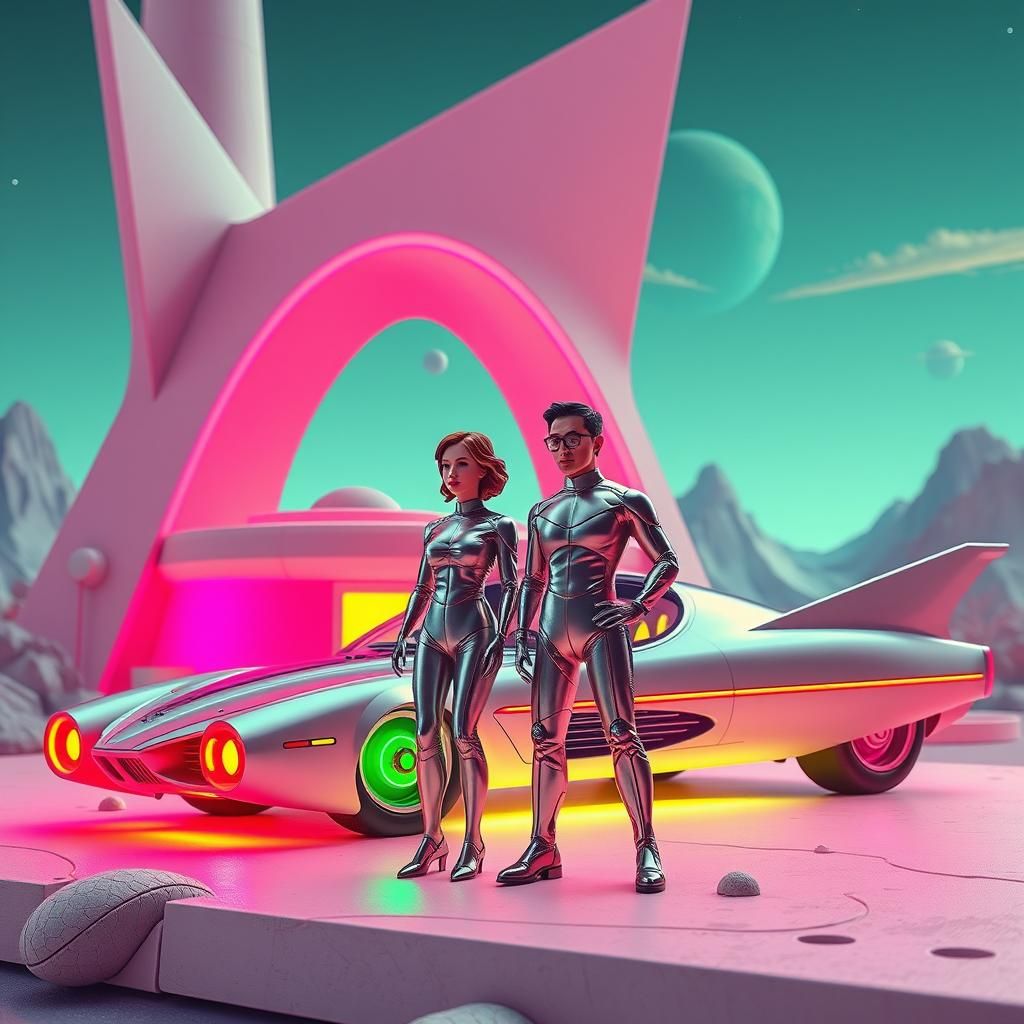 Space age home, people and car