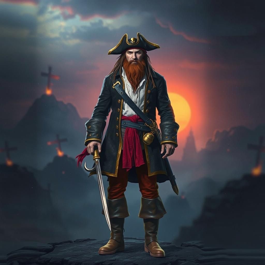 Heroic Pirate with Silver Hook in Fantasy Landscape