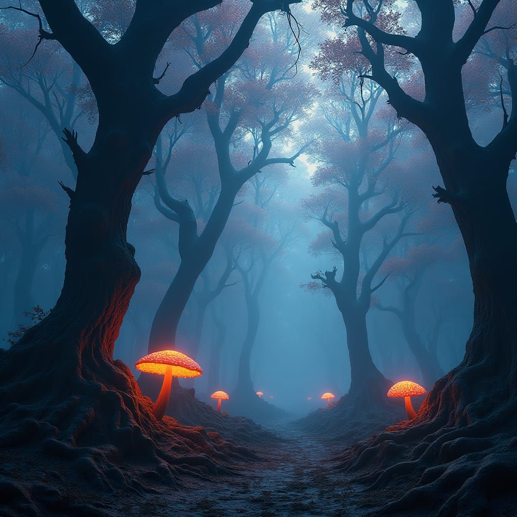 Mysterious Forest with Ethereal Mushrooms, Matte Painting