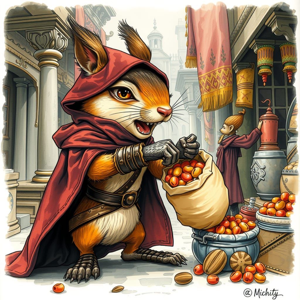 Anthropomorphic Squirrel Steals Nuts in Watercolor Fantasy