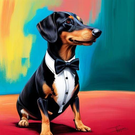 Hyperrealistic Dachshund in Tuxedo Splash Art