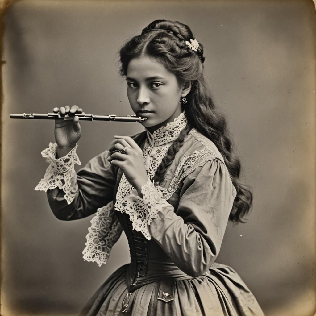 Woman Playing Flute in Misty Forest