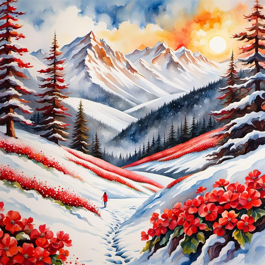 Winter Landscape with Red Begonias: Oil, Watercolor, Ink