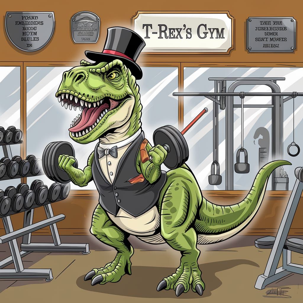 Cartoon T-Rex Lifts Weights in Gym