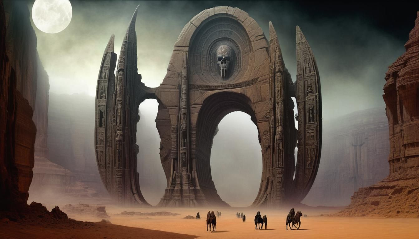 Epic Ancient Monument Complex in a Desert Canyon at Dusk