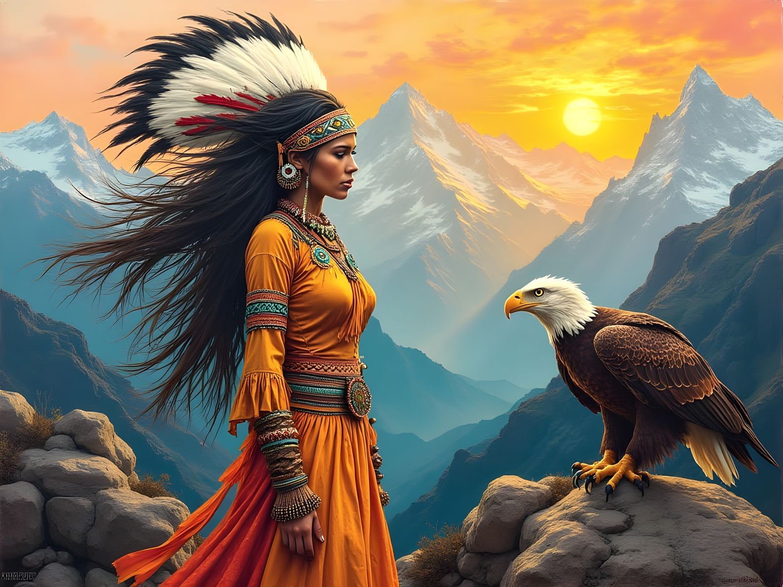 Ethereal Encounter: American Indian Woman and Bald Eagle