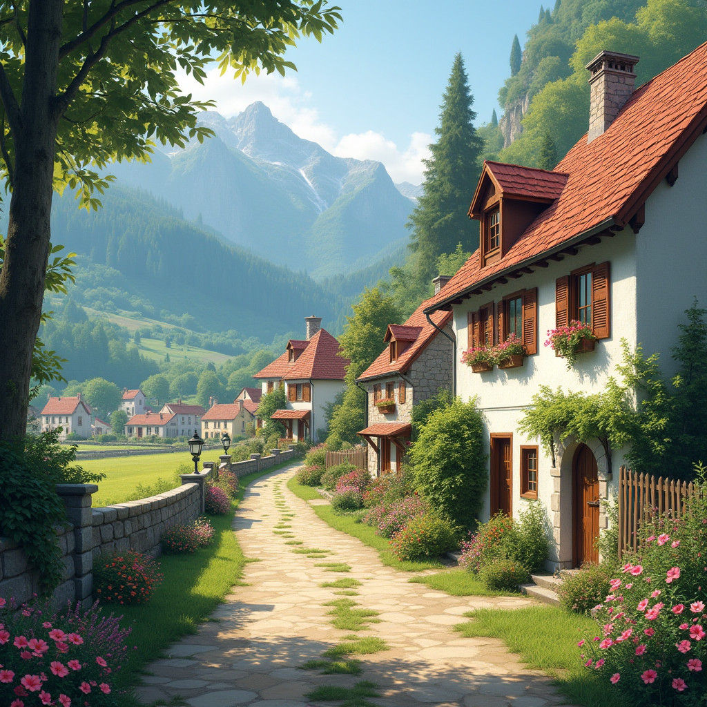 Picturesque Village in Valley, Impressionist Landscape
