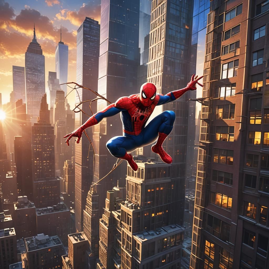 Spiderman Soaring Through New York, 3D Digital Art