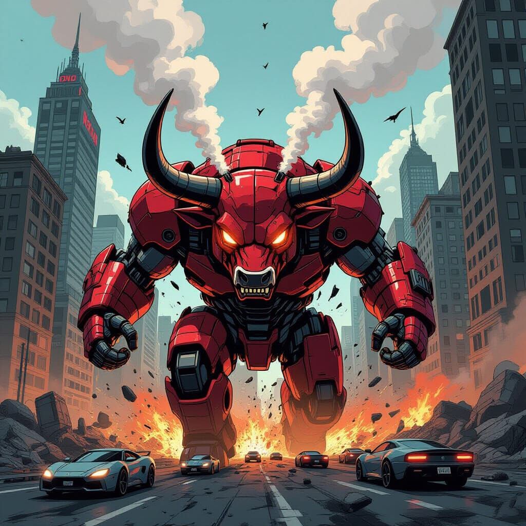 Cyberpunk Cyborg Bull Rampages Through Metropolis