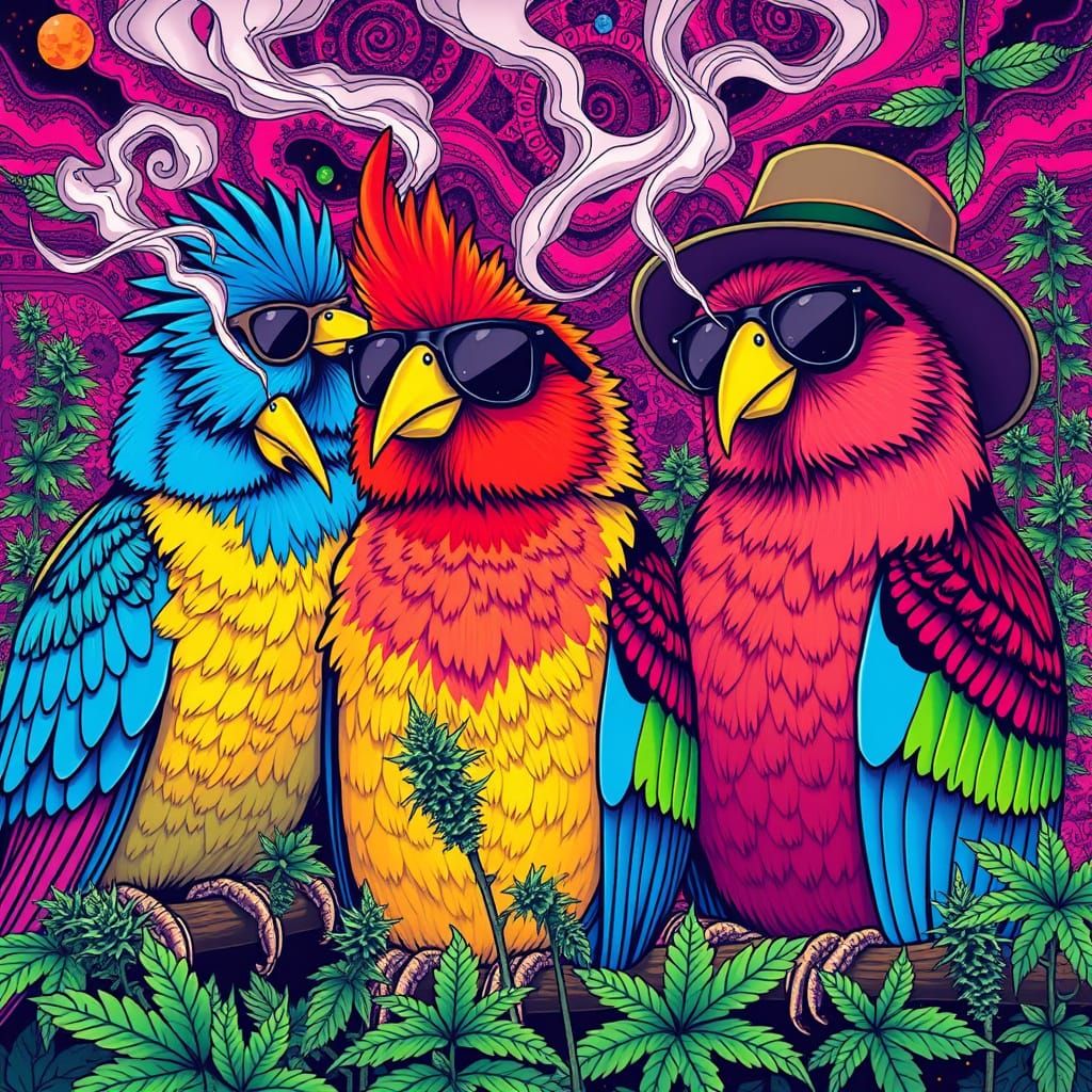 Birds Smoking Weed in Psychedelic Art Style