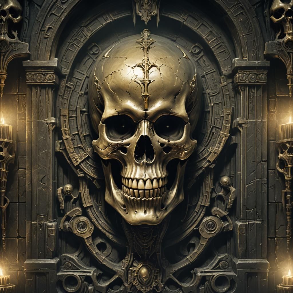 Detailed Gothic Skull in Mystical Chamber: Digital Art