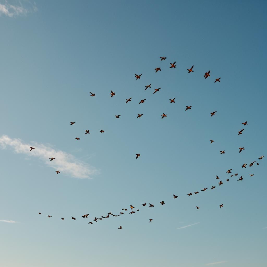 Birds in Formation Against Blue Sky