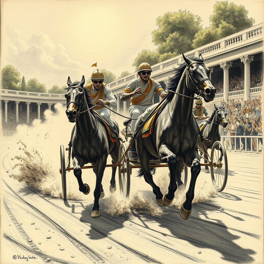 Equestrian Chariot Race in Hyperdetailed Charcoal Drawing