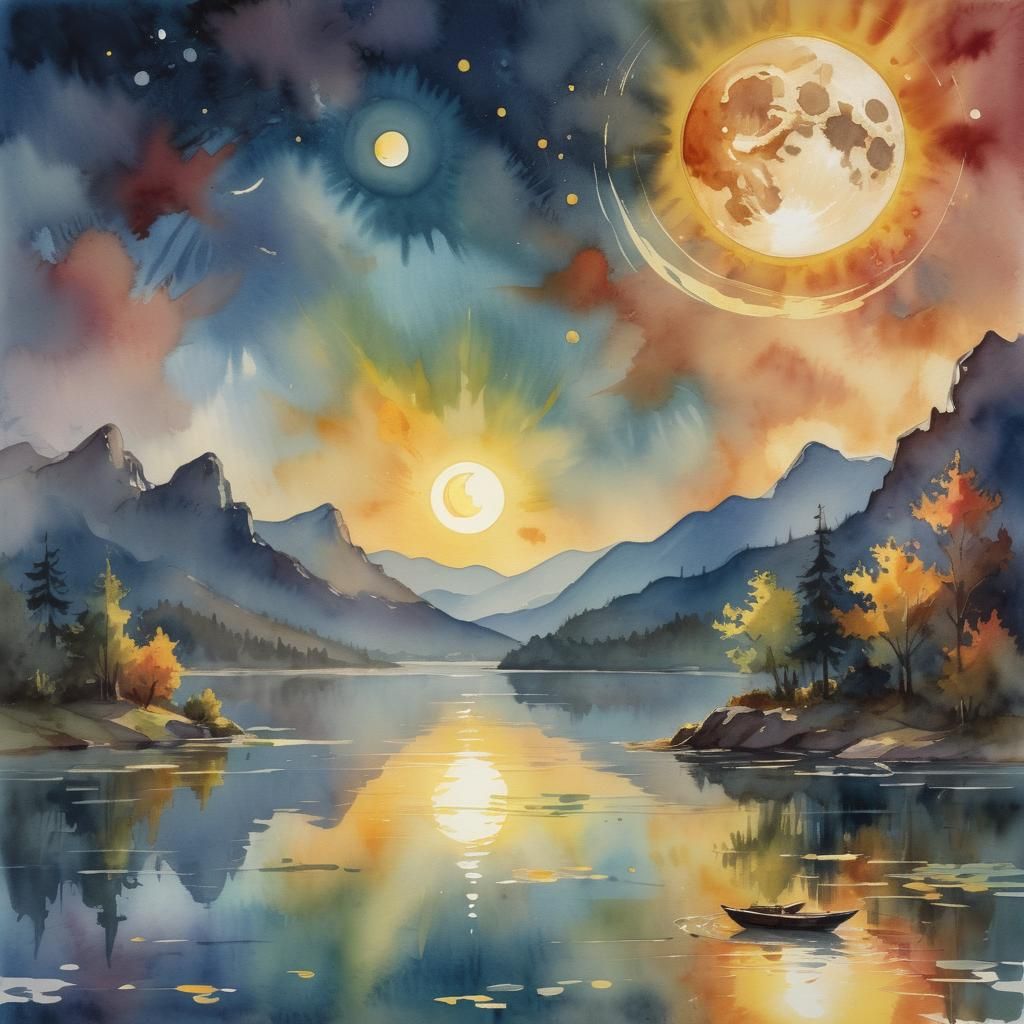 Watercolor of a moon and sun on a lake