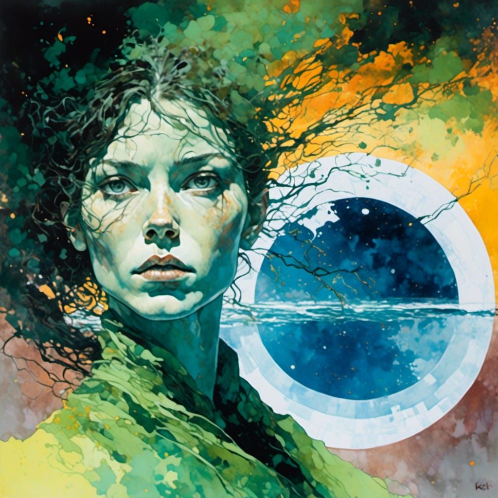 Intense Woman with Windblown Hair, in Expressionistic Style