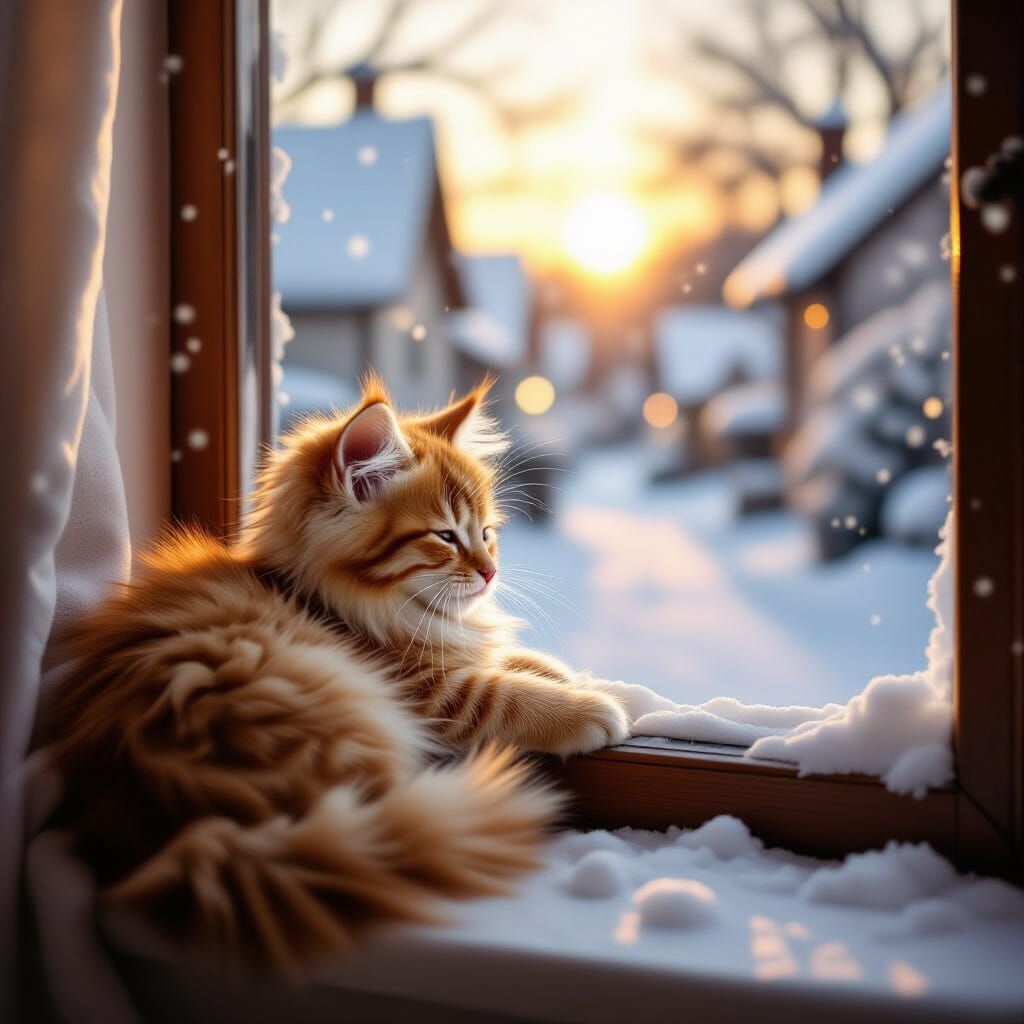 Cozy Kitten in Winter Sunset Glow