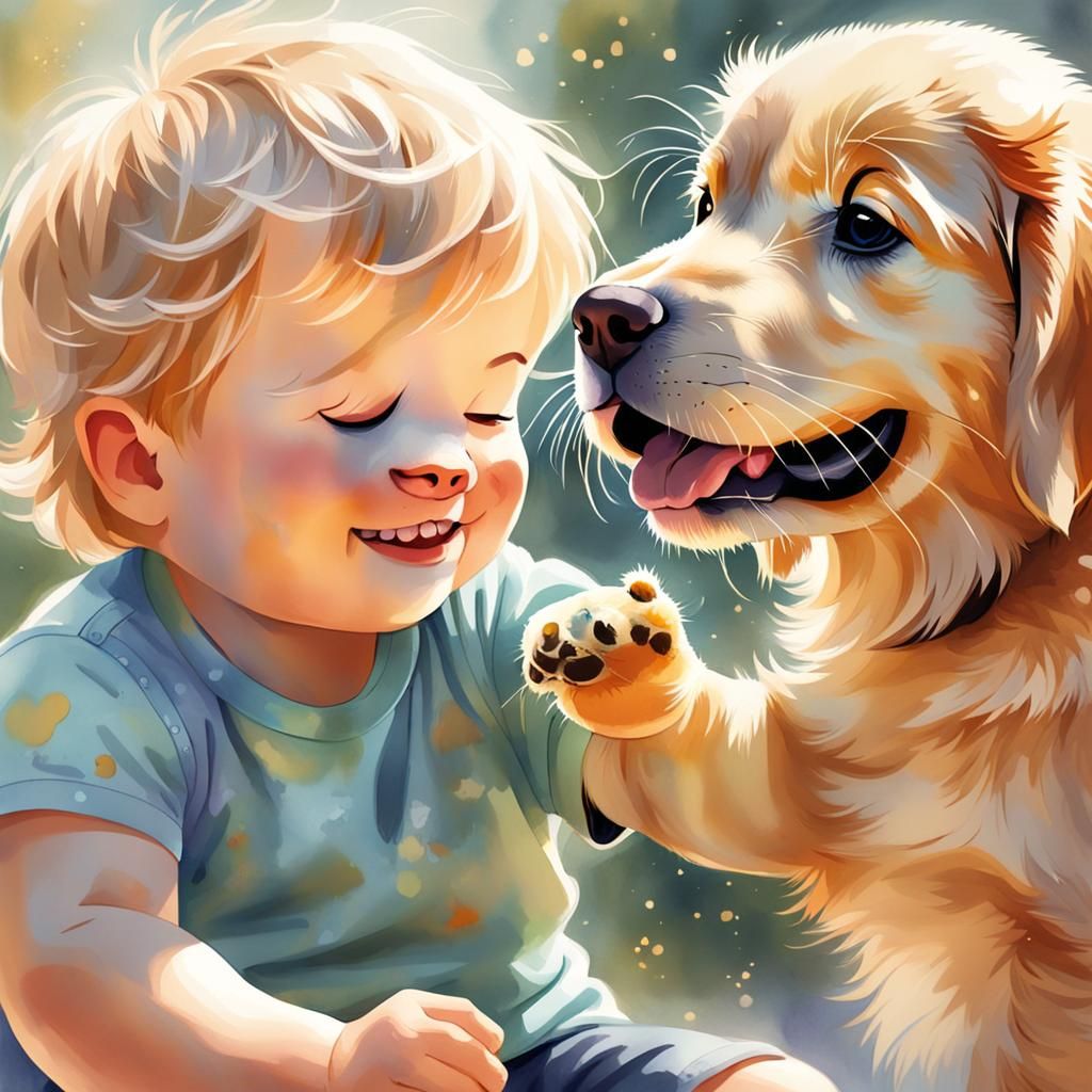 Baby Boy and Puppy Playing: Watercolor Illustration