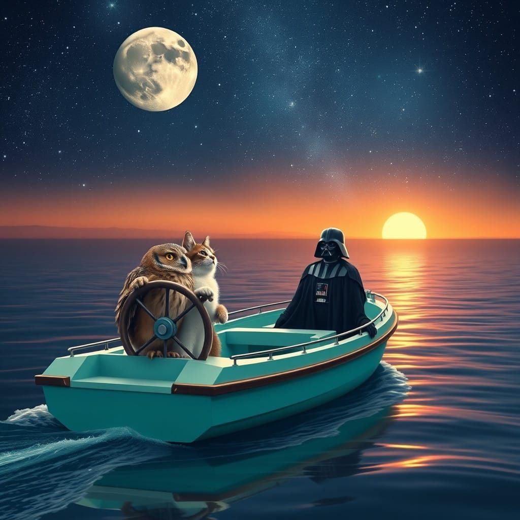 Moonlit Voyage Under Starry Skies with Whimsical Steerers