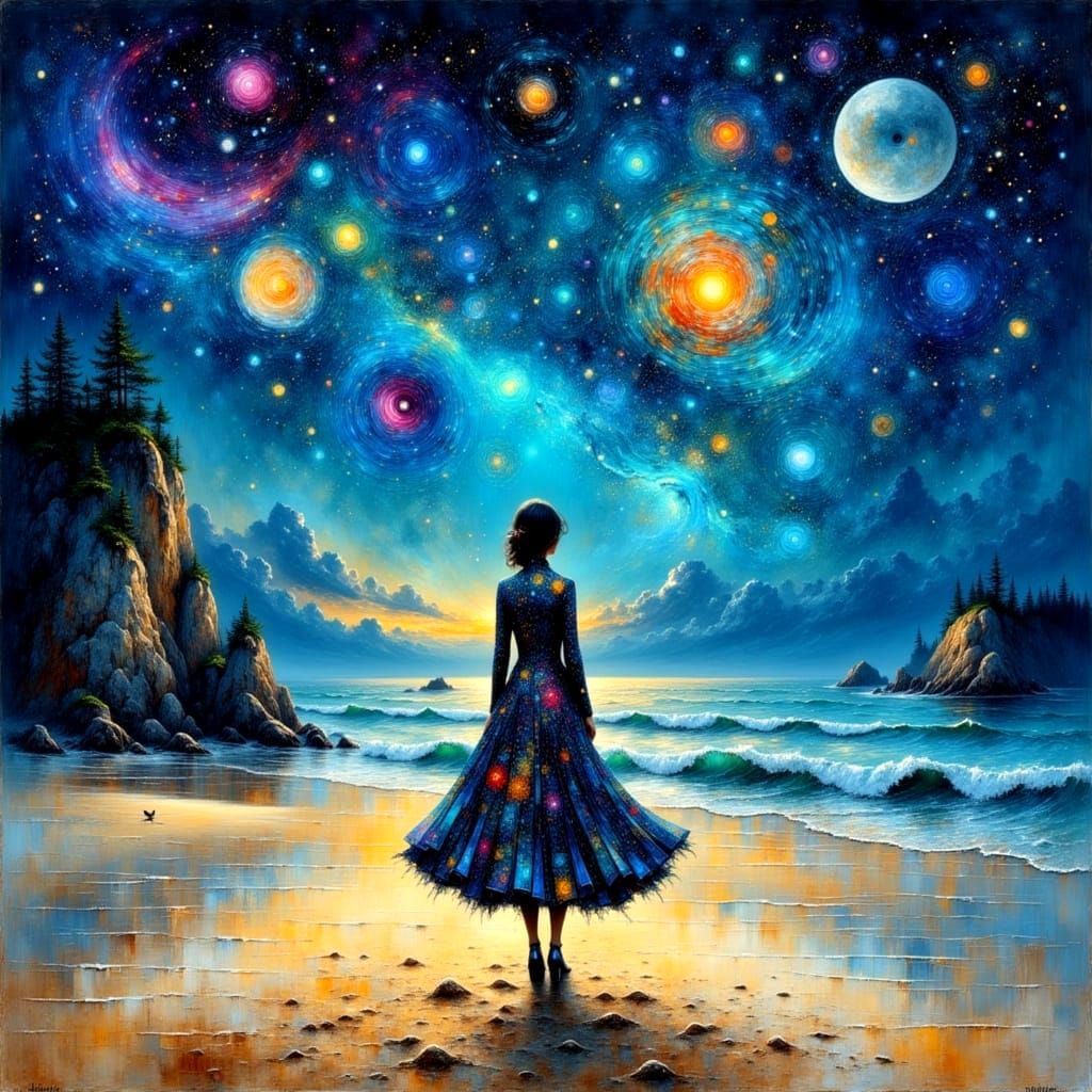 Cosmic Beach Twilight: Ethereal Impasto Oil Painting